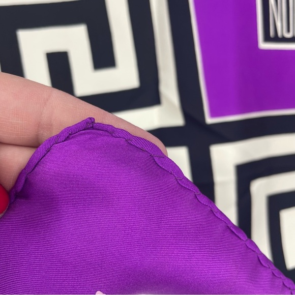 Norman Norell Wide Greek Key Silk Scarf purple black white geometric  34x33.5” - Picture 3 of 7